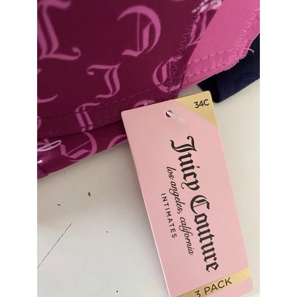 3 Pack Juicy Couture Sexy Push Up Bra Size 34C Juicy Logo Wine Pink Navy‎ NEW